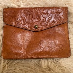 Patricia Nash Embossed Brown Leather Clutch Purse with Flap Snap style A81286